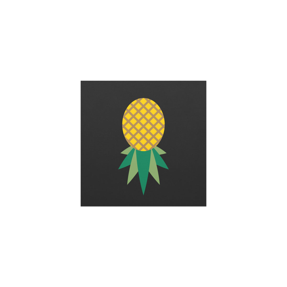 Black 5 inch square car magnet with a yellow upside-down pineapple