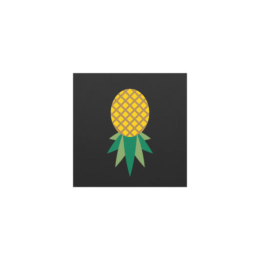 Black 5 inch square car magnet with a yellow upside-down pineapple