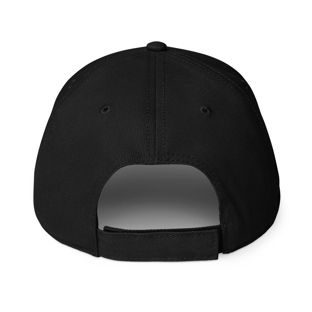 Black low-profile hat with embroidered upside-down pineapple, back view