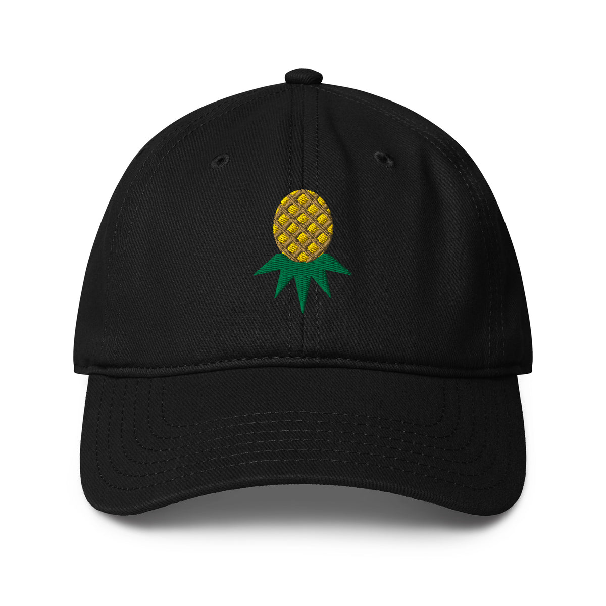 Black low-profile hat with embroidered upside-down pineapple, front view