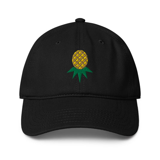 Black low-profile hat with embroidered upside-down pineapple, front view