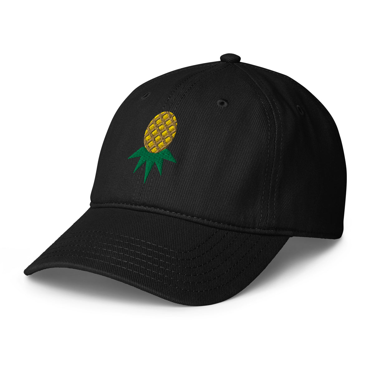 Black low-profile hat with embroidered upside-down pineapple, left side view
