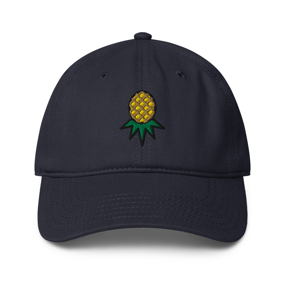 Dark Navy low-profile hat with embroidered upside-down pineapple, front view