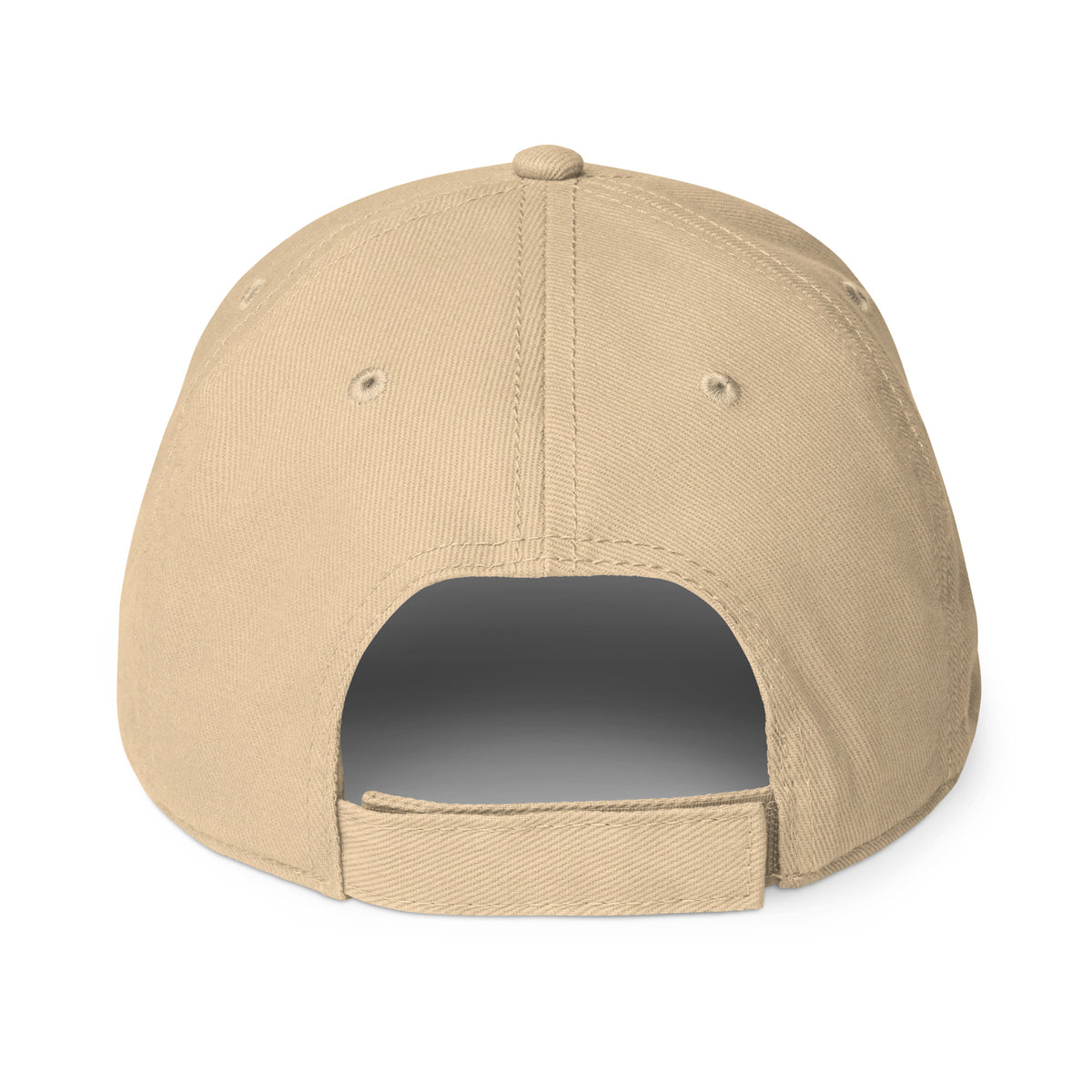 Khaki low-profile hat with embroidered upside-down pineapple, back view