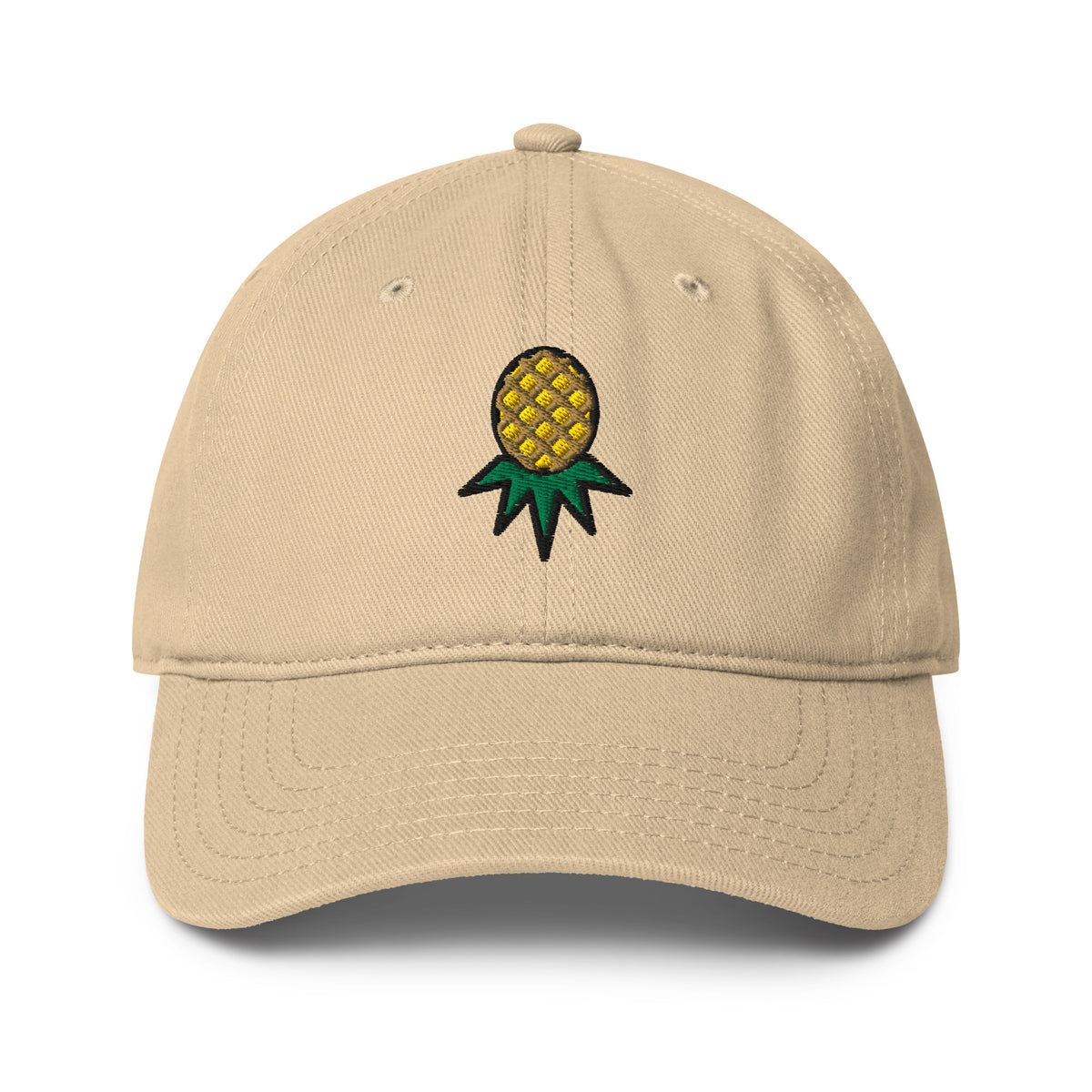 Khaki low-profile hat with embroidered upside-down pineapple, front view