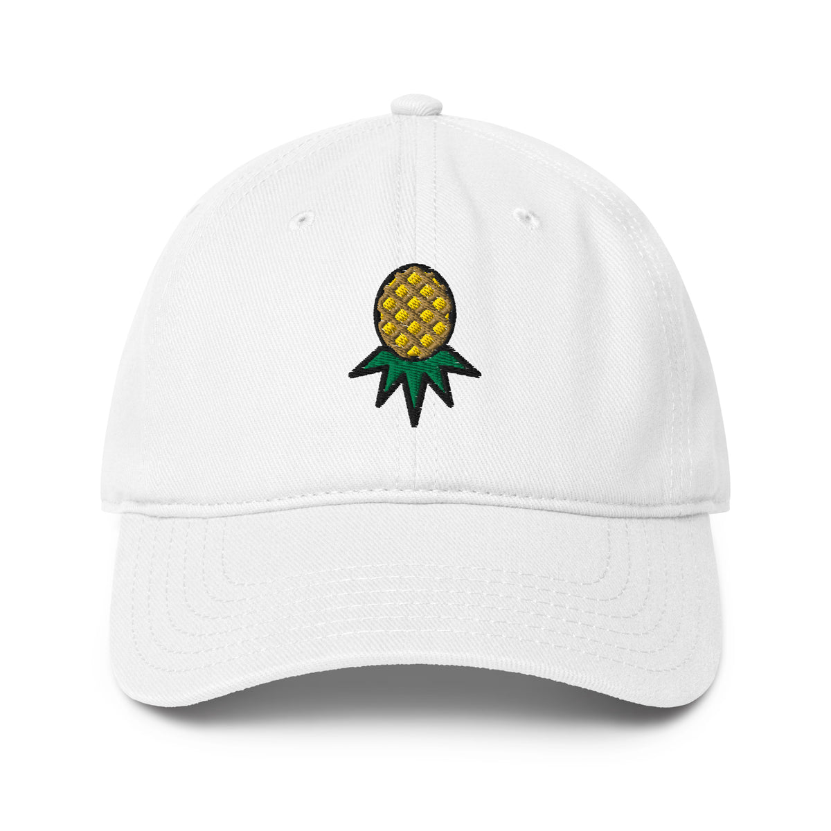 White low-profile hat with embroidered upside-down pineapple, front view